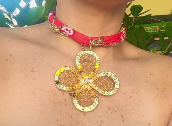 Bold Flower Choker Necklace with Red Band