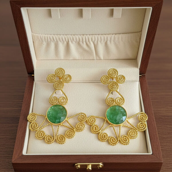 Handcrafted Wire Earrings with Green Stone Accent